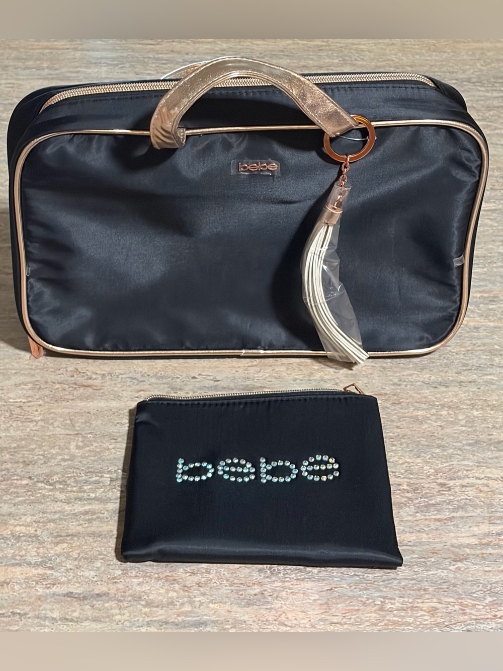 Bebe Black Cosmetic Pouch Set with Tassel Keychain